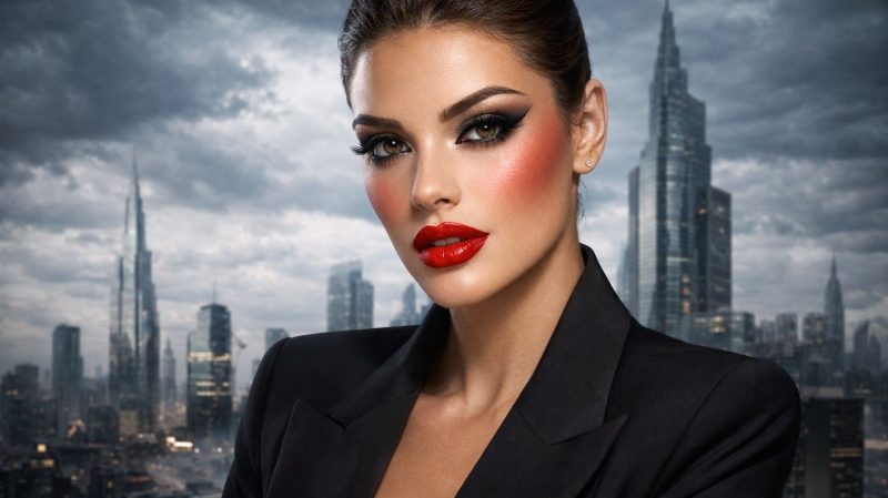 میکاپ با رژ لب قرمز و نمایی استوار و جسورانه